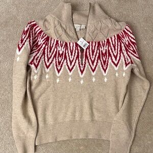 LOFT Beige and Red Patterned half zip  Sweater